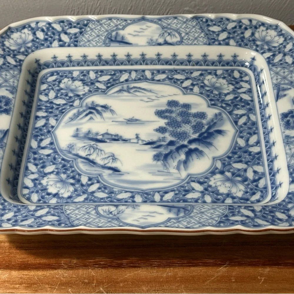 Antique Blue and White Scenic Porcelain Serving Platter - Picture 8 of 9